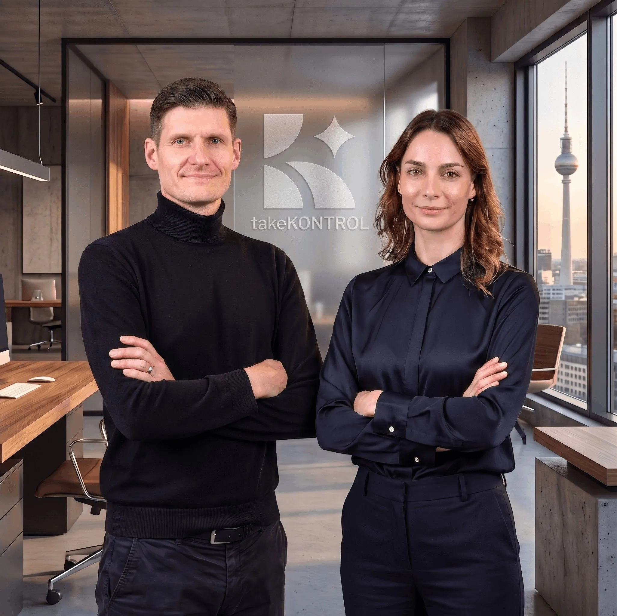 Nico Gramenz und Hanga in front of the takeKONTROL Logo